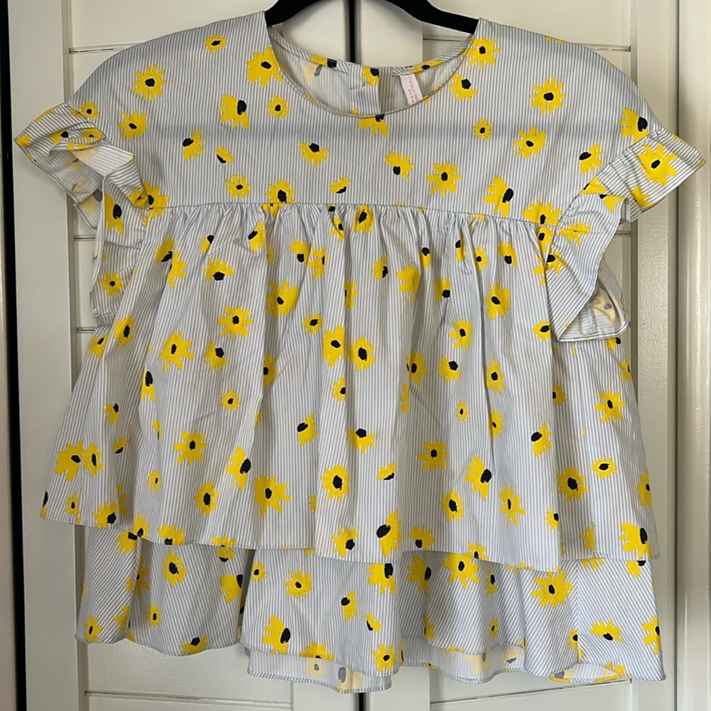 ZARA light blue and white pin stripe shirt with yellow flowers